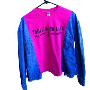Reworked Denim Tshirt, Size M-L: Table Rock Lake Graphic Tee, Upcycled Oversized